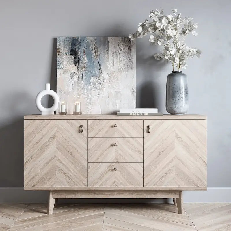 Buffet/meuble TV scandinave Living Skog avec tiroirs et pieds en bois pour téléviseurs jusqu'à 65 pouces.