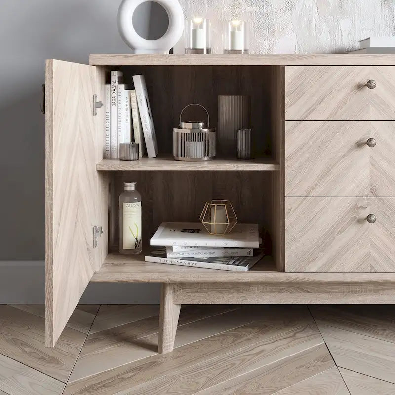 Buffet/meuble TV scandinave Living Skog avec tiroirs et pieds en bois pour téléviseurs jusqu'à 65 pouces.