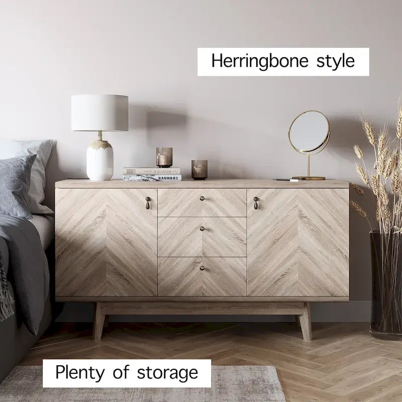 Buffet/meuble TV scandinave Living Skog avec tiroirs et pieds en bois pour téléviseurs jusqu'à 65 pouces.
