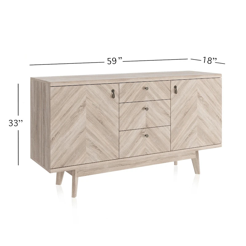 Buffet/meuble TV scandinave Living Skog avec tiroirs et pieds en bois pour téléviseurs jusqu'à 65 pouces.