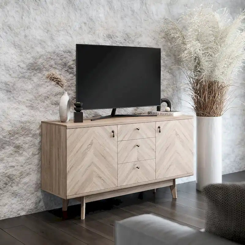Buffet/meuble TV scandinave Living Skog avec tiroirs et pieds en bois pour téléviseurs jusqu'à 65 pouces.