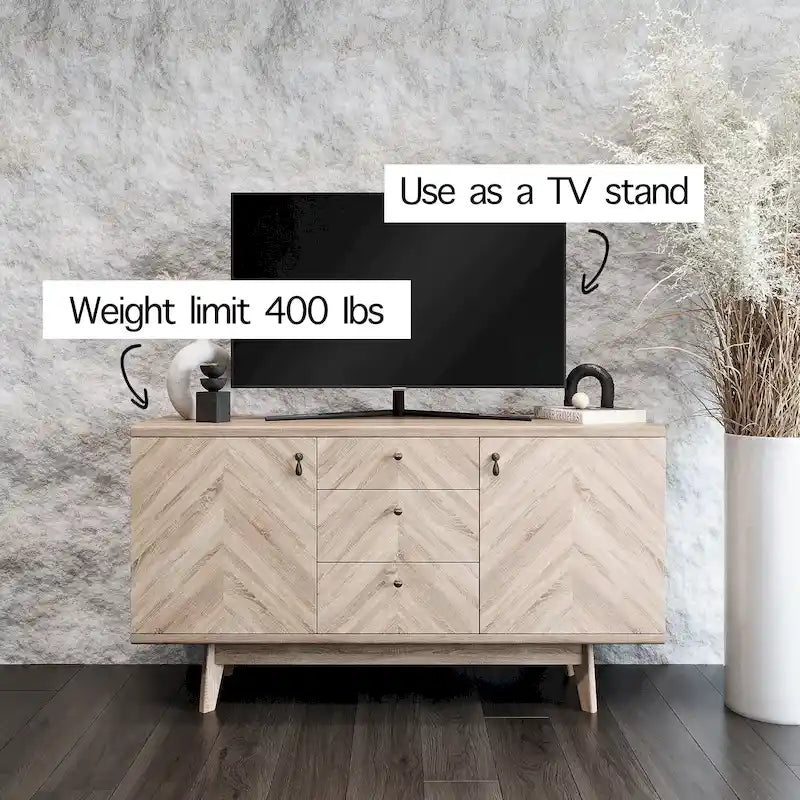 Buffet/meuble TV scandinave Living Skog avec tiroirs et pieds en bois pour téléviseurs jusqu'à 65 pouces.