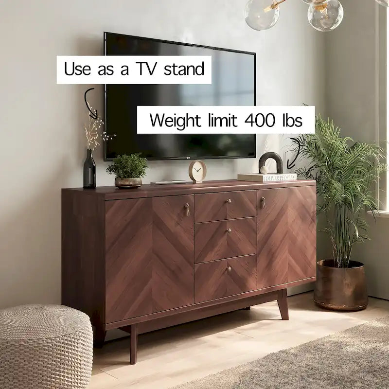 Buffet/meuble TV scandinave Living Skog avec tiroirs et pieds en bois pour téléviseurs jusqu'à 65 pouces.