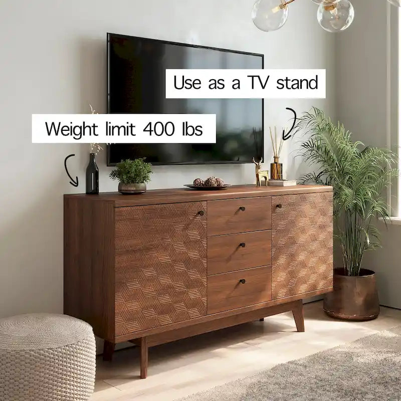 Buffet/meuble TV scandinave Living Skog avec tiroirs et pieds en bois pour téléviseurs jusqu'à 65 pouces.