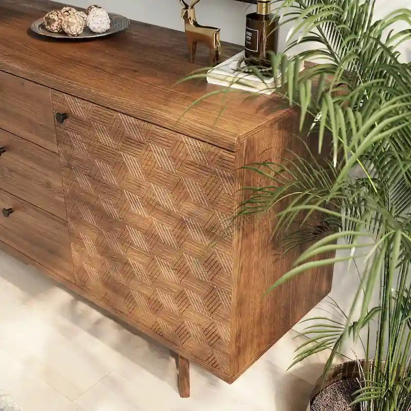 Buffet/meuble TV scandinave Living Skog avec tiroirs et pieds en bois pour téléviseurs jusqu'à 65 pouces.