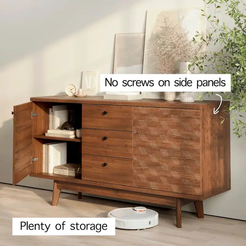 Buffet/meuble TV scandinave Living Skog avec tiroirs et pieds en bois pour téléviseurs jusqu'à 65 pouces.