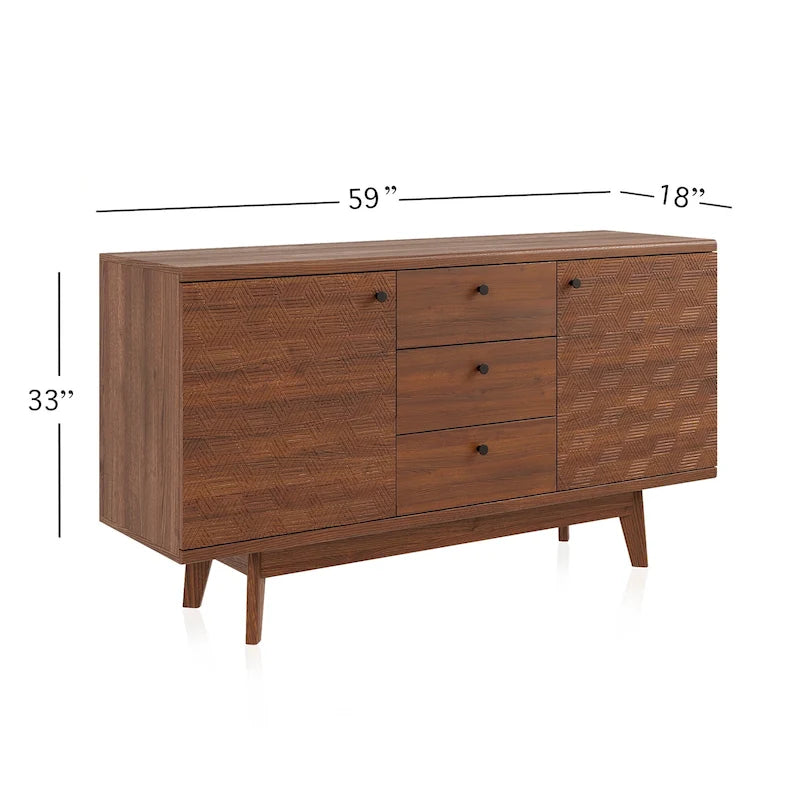 Buffet/meuble TV scandinave Living Skog avec tiroirs et pieds en bois pour téléviseurs jusqu'à 65 pouces.