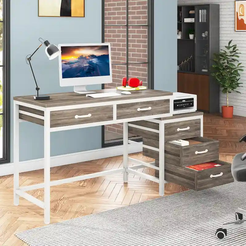 Bureau d'ordinateur réversible à 5 tiroirs, bureau pour bureau à domicile avec tiroir de rangement et support pour imprimante