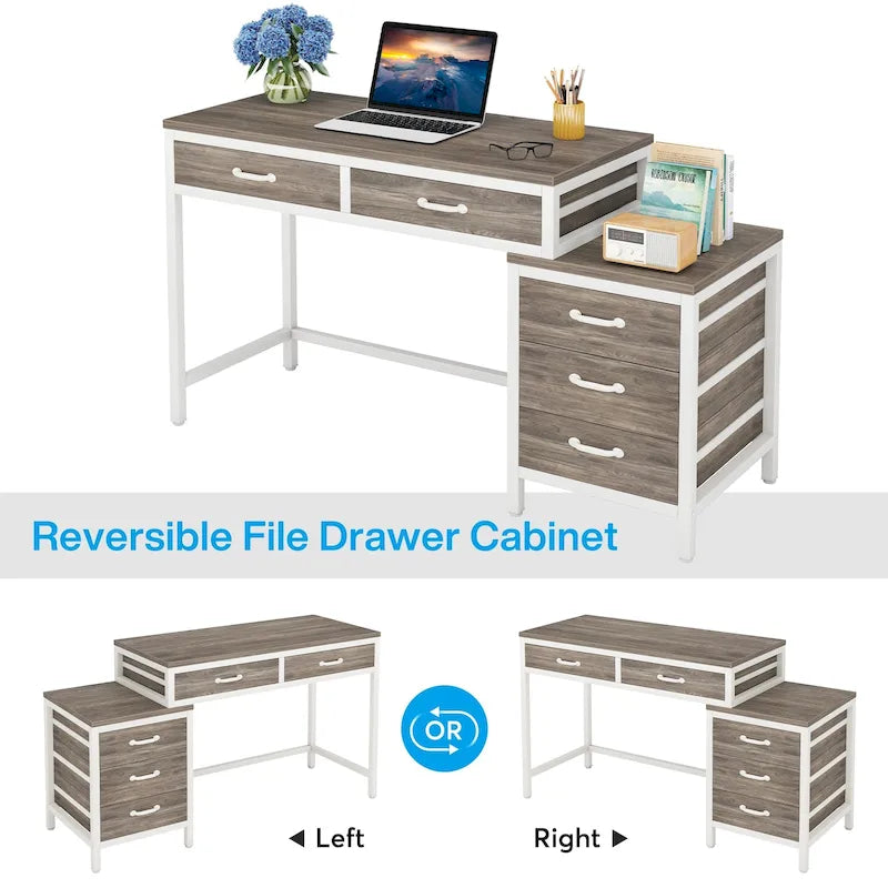 Bureau d'ordinateur réversible à 5 tiroirs, bureau pour bureau à domicile avec tiroir de rangement et support pour imprimante