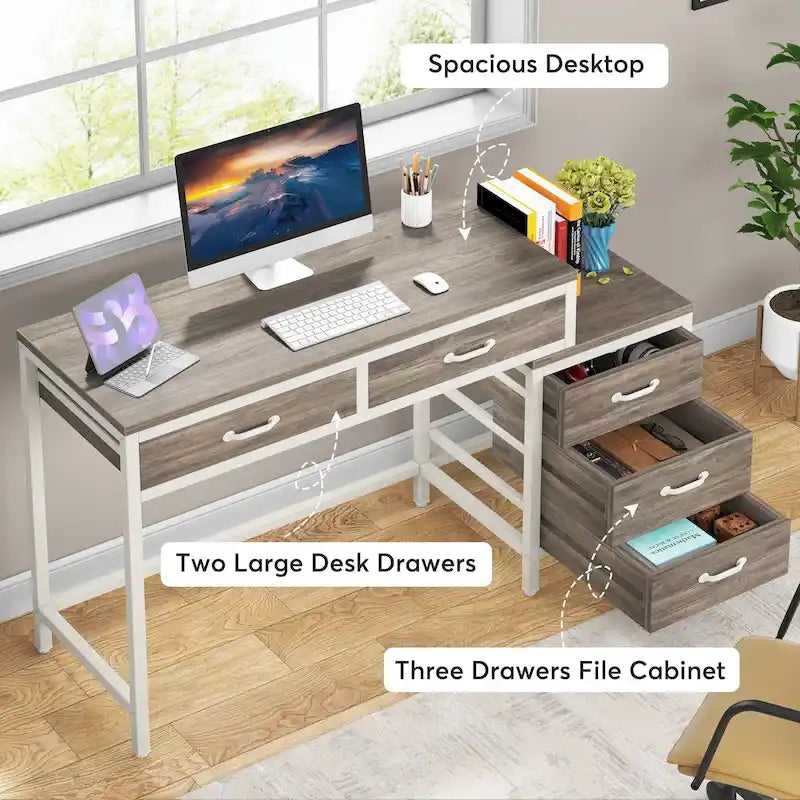 Bureau d'ordinateur réversible à 5 tiroirs, bureau pour bureau à domicile avec tiroir de rangement et support pour imprimante