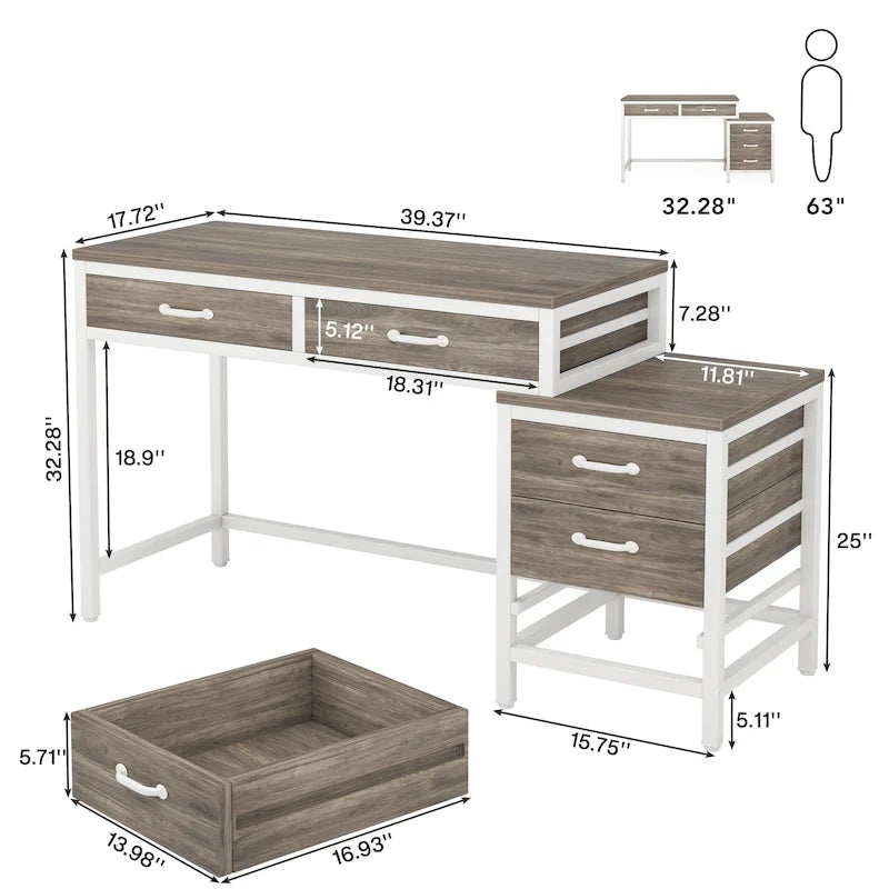 Bureau d'ordinateur réversible à 5 tiroirs, bureau pour bureau à domicile avec tiroir de rangement et support pour imprimante