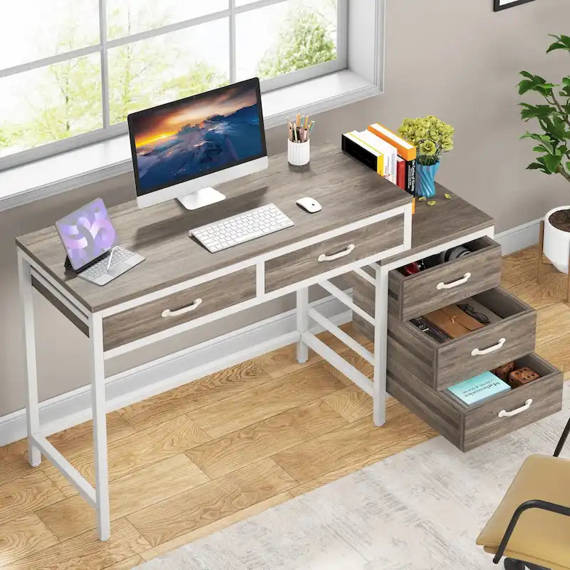 Bureau d'ordinateur réversible à 5 tiroirs, bureau pour bureau à domicile avec tiroir de rangement et support pour imprimante