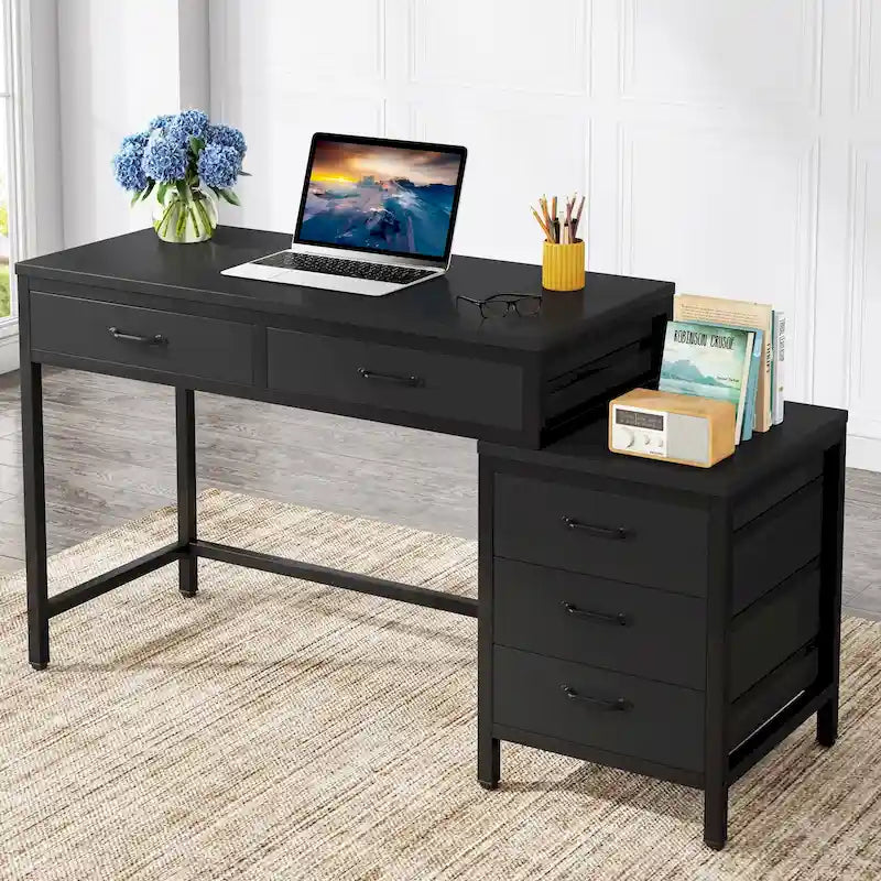 Bureau d'ordinateur réversible à 5 tiroirs, bureau pour bureau à domicile avec tiroir de rangement et support pour imprimante