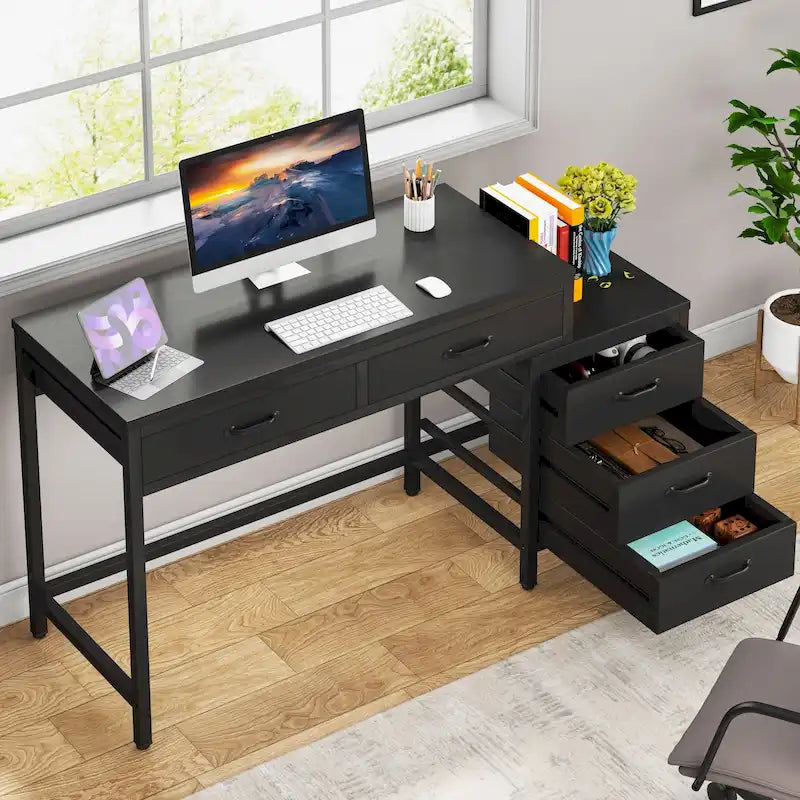 Bureau d'ordinateur réversible à 5 tiroirs, bureau pour bureau à domicile avec tiroir de rangement et support pour imprimante