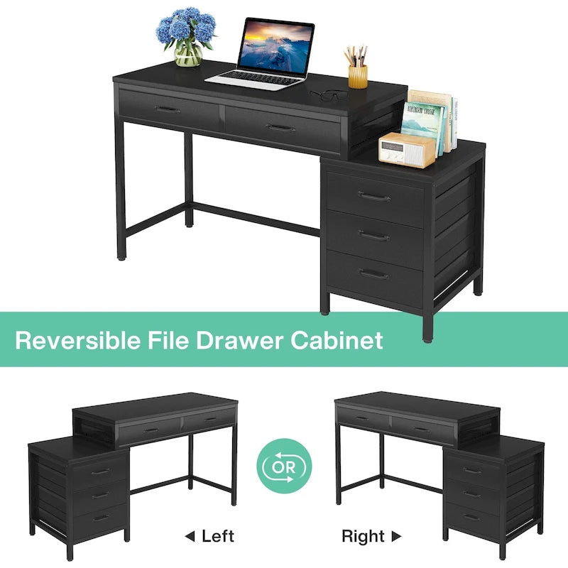 Bureau d'ordinateur réversible à 5 tiroirs, bureau pour bureau à domicile avec tiroir de rangement et support pour imprimante