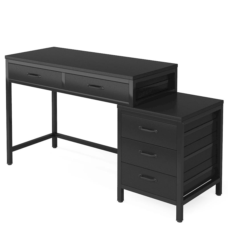 Bureau d'ordinateur réversible à 5 tiroirs, bureau pour bureau à domicile avec tiroir de rangement et support pour imprimante