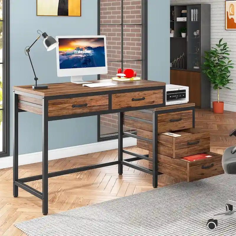 Bureau d'ordinateur réversible à 5 tiroirs, bureau pour bureau à domicile avec tiroir de rangement et support pour imprimante