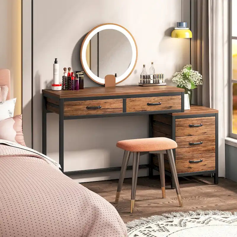 Bureau d'ordinateur réversible à 5 tiroirs, bureau pour bureau à domicile avec tiroir de rangement et support pour imprimante