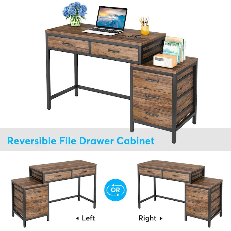 Bureau d'ordinateur réversible à 5 tiroirs, bureau pour bureau à domicile avec tiroir de rangement et support pour imprimante