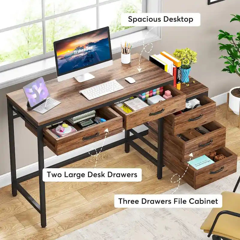 Bureau d'ordinateur réversible à 5 tiroirs, bureau pour bureau à domicile avec tiroir de rangement et support pour imprimante