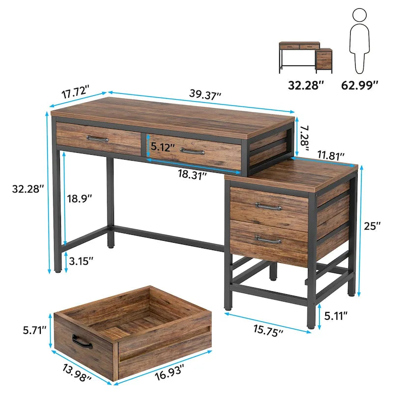 Bureau d'ordinateur réversible à 5 tiroirs, bureau pour bureau à domicile avec tiroir de rangement et support pour imprimante