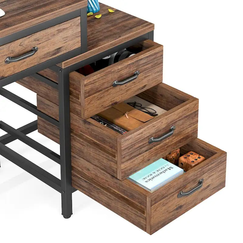 Bureau d'ordinateur réversible à 5 tiroirs, bureau pour bureau à domicile avec tiroir de rangement et support pour imprimante