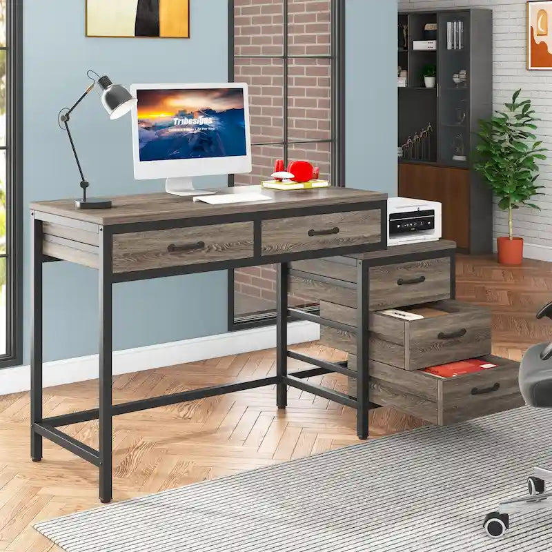 Bureau d'ordinateur réversible à 5 tiroirs, bureau pour bureau à domicile avec tiroir de rangement et support pour imprimante