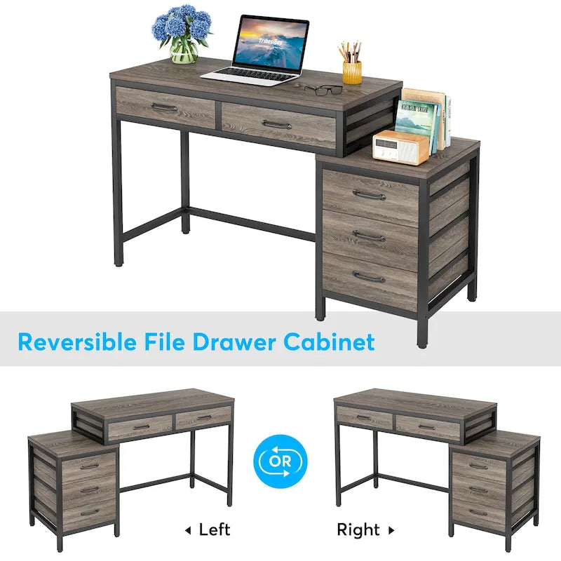 Bureau d'ordinateur réversible à 5 tiroirs, bureau pour bureau à domicile avec tiroir de rangement et support pour imprimante