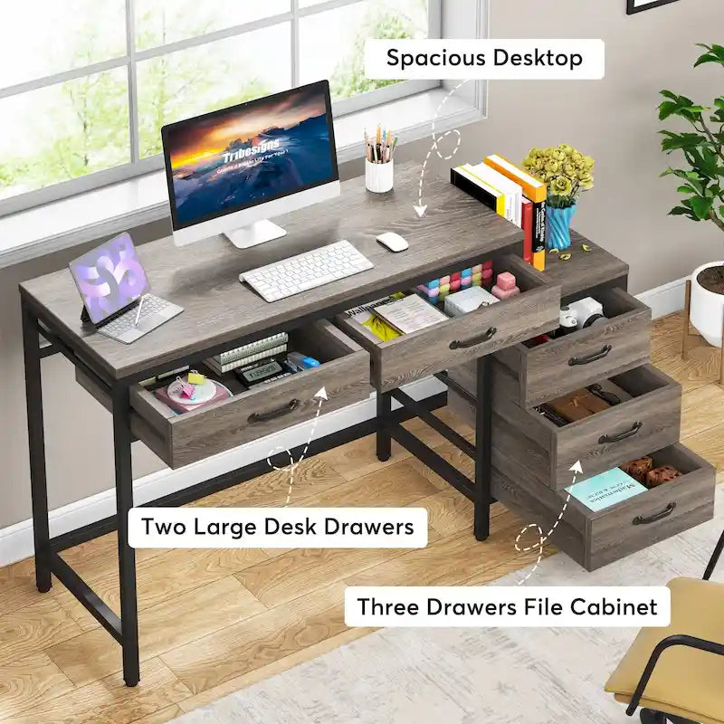 Bureau d'ordinateur réversible à 5 tiroirs, bureau pour bureau à domicile avec tiroir de rangement et support pour imprimante