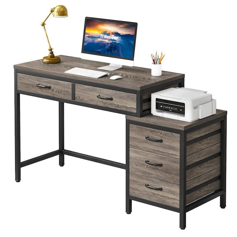 Bureau d'ordinateur réversible à 5 tiroirs, bureau pour bureau à domicile avec tiroir de rangement et support pour imprimante