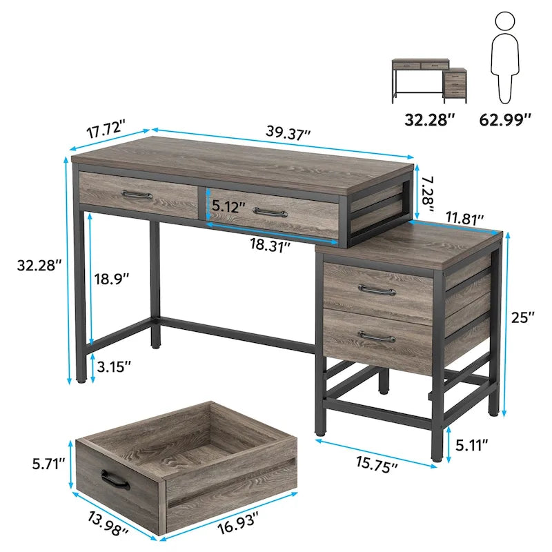 Bureau d'ordinateur réversible à 5 tiroirs, bureau pour bureau à domicile avec tiroir de rangement et support pour imprimante