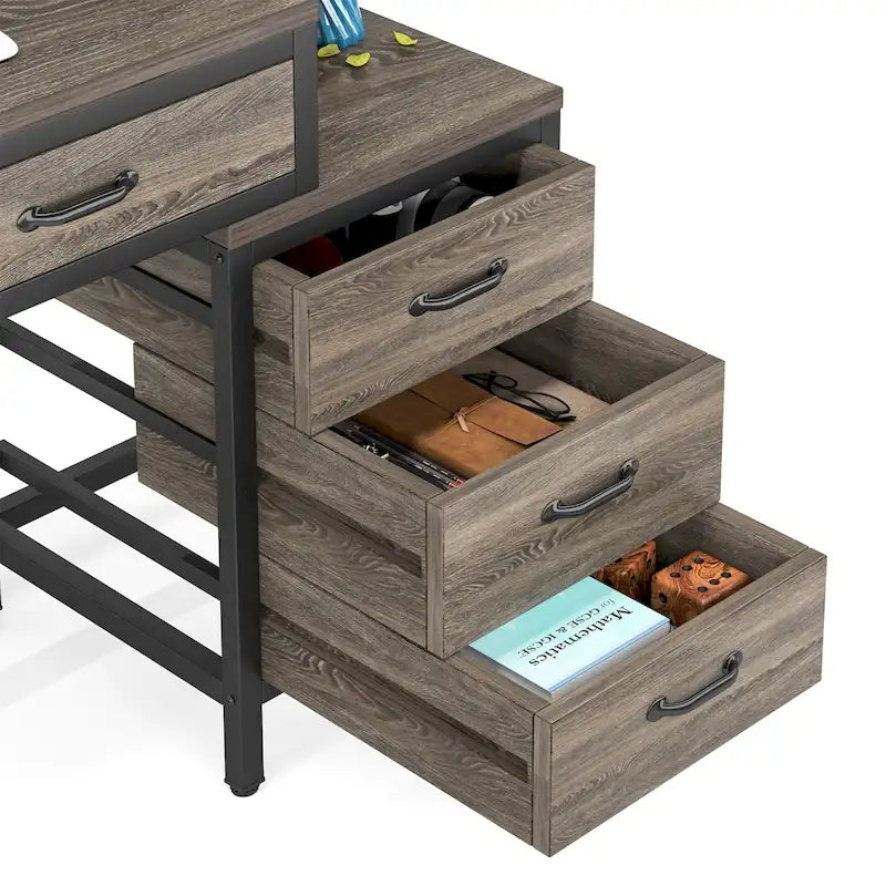 Bureau d'ordinateur réversible à 5 tiroirs, bureau pour bureau à domicile avec tiroir de rangement et support pour imprimante