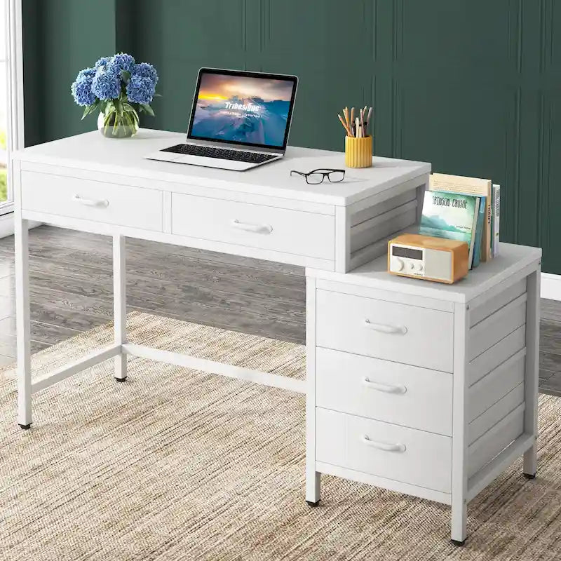 Bureau d'ordinateur réversible à 5 tiroirs, bureau pour bureau à domicile avec tiroir de rangement et support pour imprimante