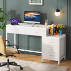 Bureau d'ordinateur réversible à 5 tiroirs, bureau pour bureau à domicile avec tiroir de rangement et support pour imprimante