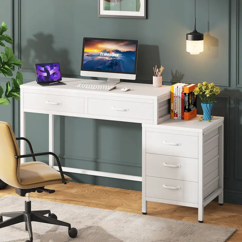 Bureau d'ordinateur réversible à 5 tiroirs, bureau pour bureau à domicile avec tiroir de rangement et support pour imprimante