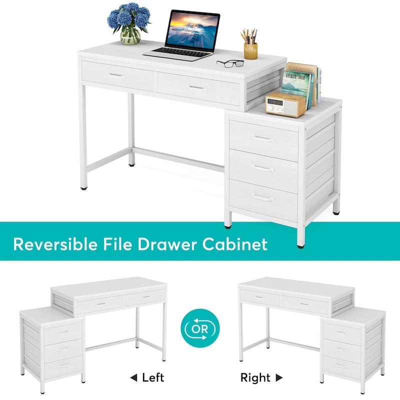 Bureau d'ordinateur réversible à 5 tiroirs, bureau pour bureau à domicile avec tiroir de rangement et support pour imprimante