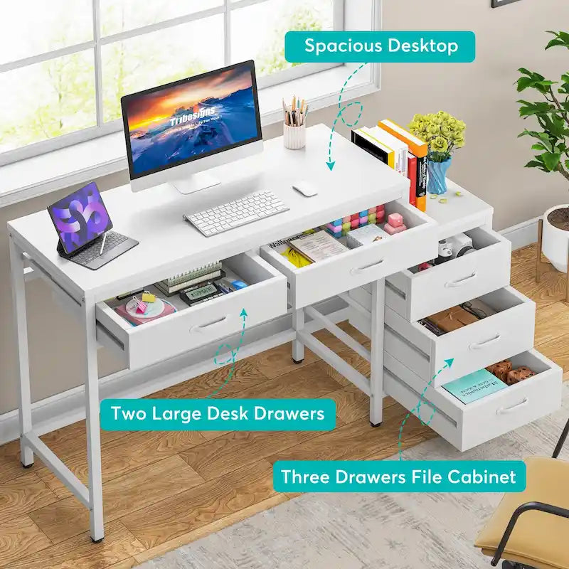 Bureau d'ordinateur réversible à 5 tiroirs, bureau pour bureau à domicile avec tiroir de rangement et support pour imprimante