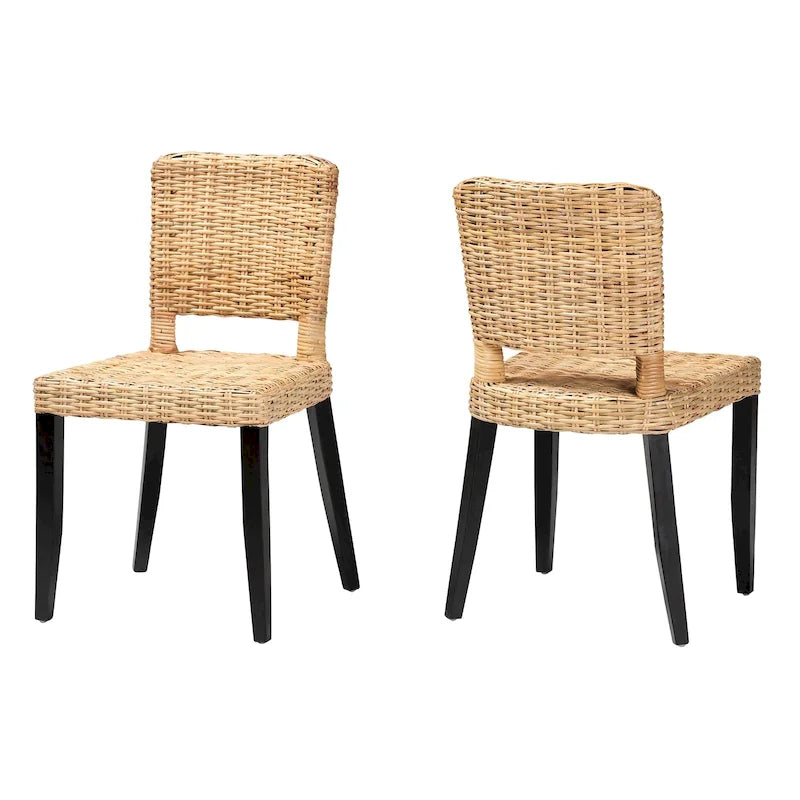 Ensemble de 2 chaises de salle à manger Bali &amp; Pari Dermot, style bohème moderne, en bois fini brun foncé et rotin naturel
