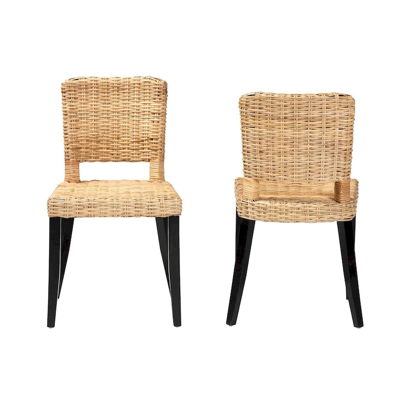 Ensemble de 2 chaises de salle à manger Bali &amp; Pari Dermot, style bohème moderne, en bois fini brun foncé et rotin naturel