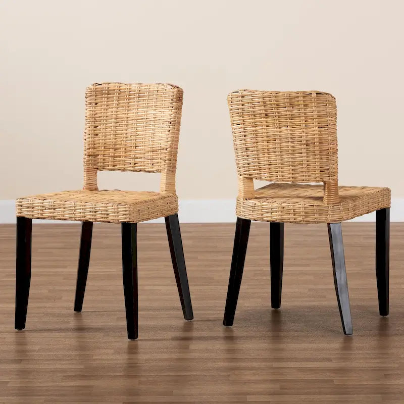 Ensemble de 2 chaises de salle à manger Bali &amp; Pari Dermot, style bohème moderne, en bois fini brun foncé et rotin naturel