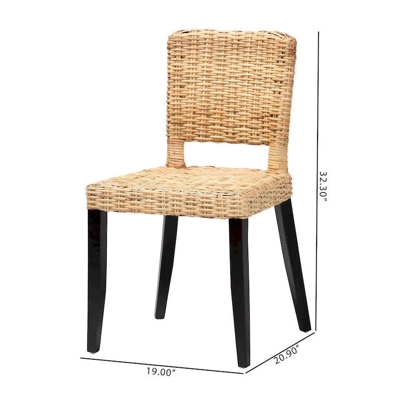 Ensemble de 2 chaises de salle à manger Bali &amp; Pari Dermot, style bohème moderne, en bois fini brun foncé et rotin naturel