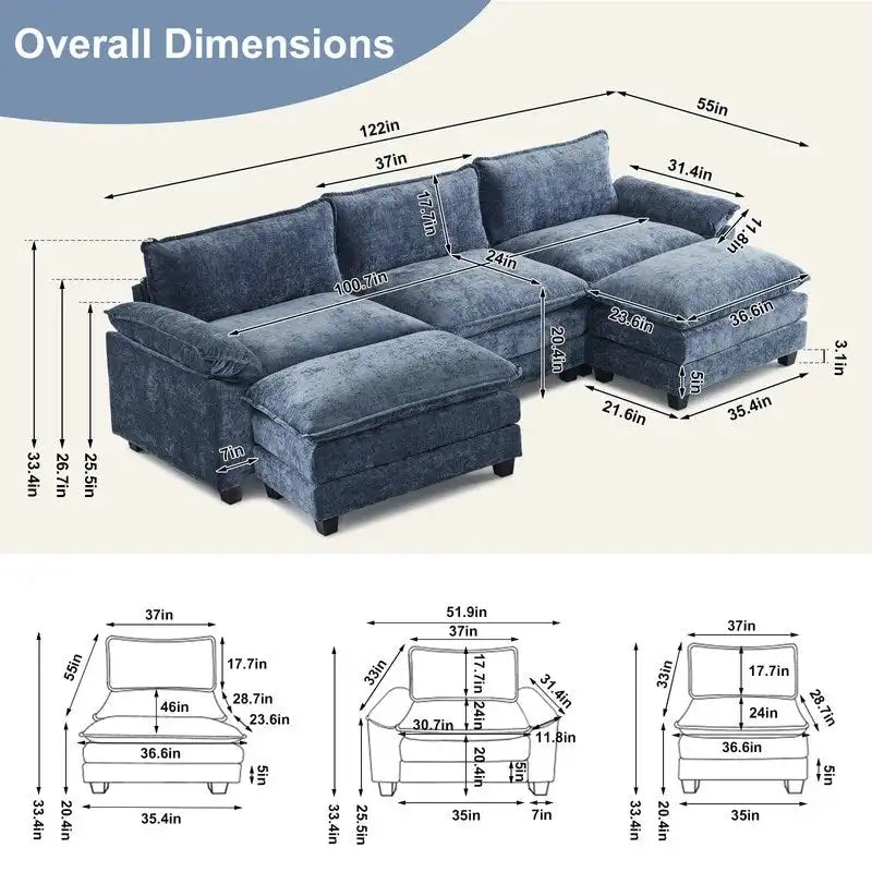 Canapé nuage à coussins double couche, canapé Moludar avec pouf réversible pour salon