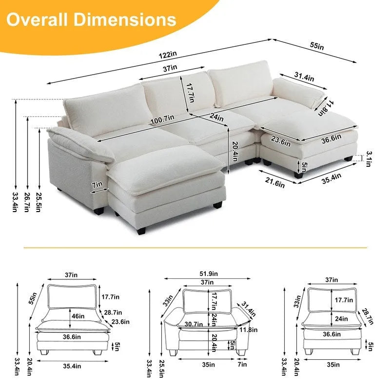 Canapé nuage à coussins double couche, canapé Moludar avec pouf réversible pour salon