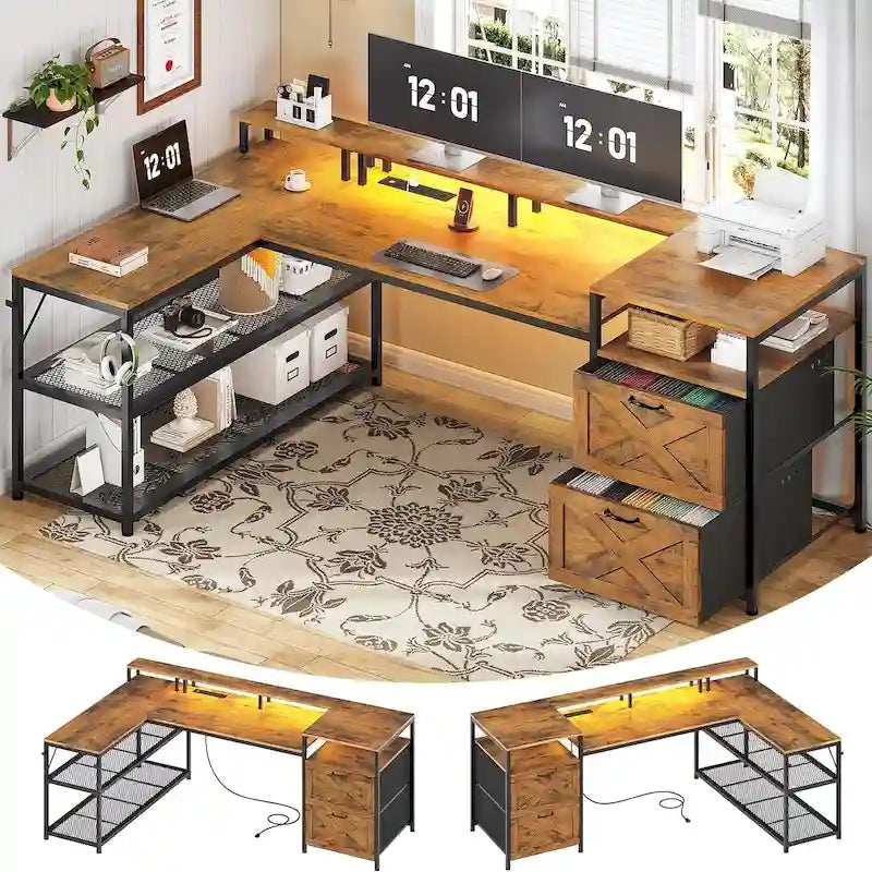 Bureau gaming 67 L avec étagères de rangement, prise électrique et 2 tiroirs