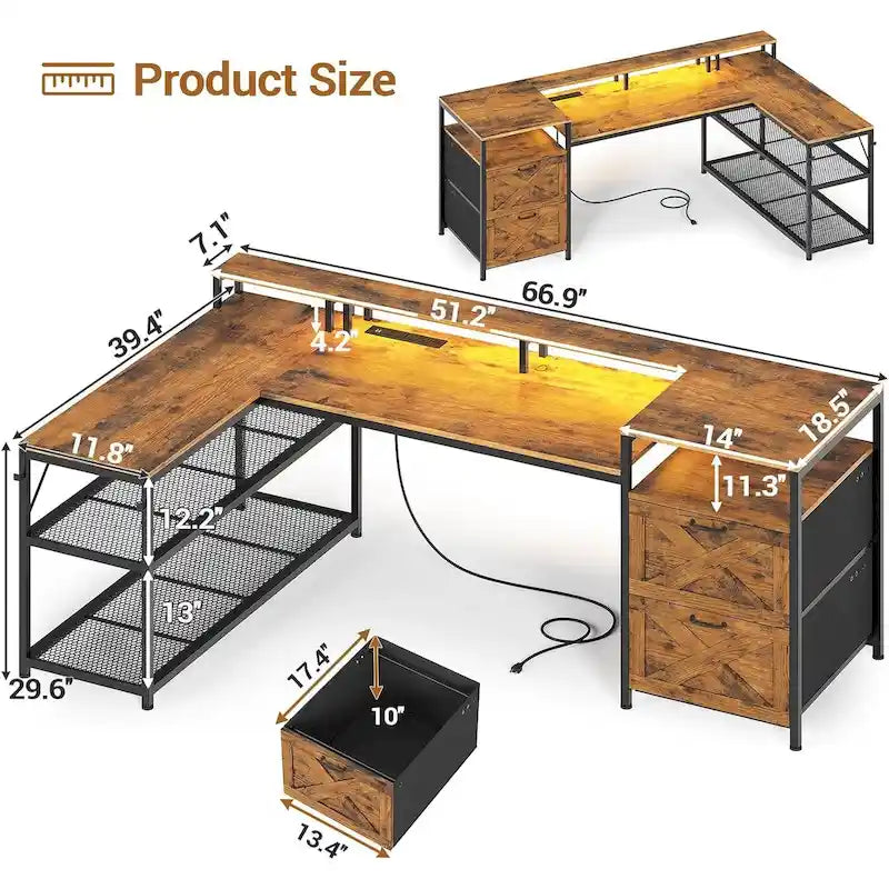 Bureau gaming 67 L avec étagères de rangement, prise électrique et 2 tiroirs