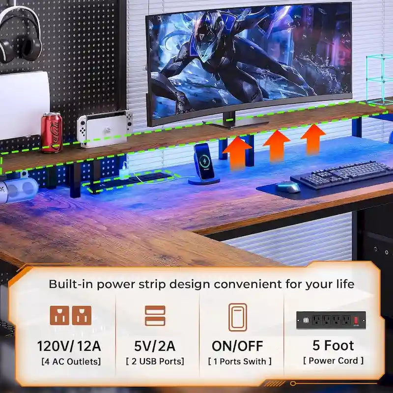 Bureau gaming 67 L avec étagères de rangement, prise électrique et 2 tiroirs