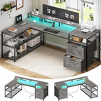 Bureau gaming 67 L avec étagères de rangement, prise électrique et 2 tiroirs