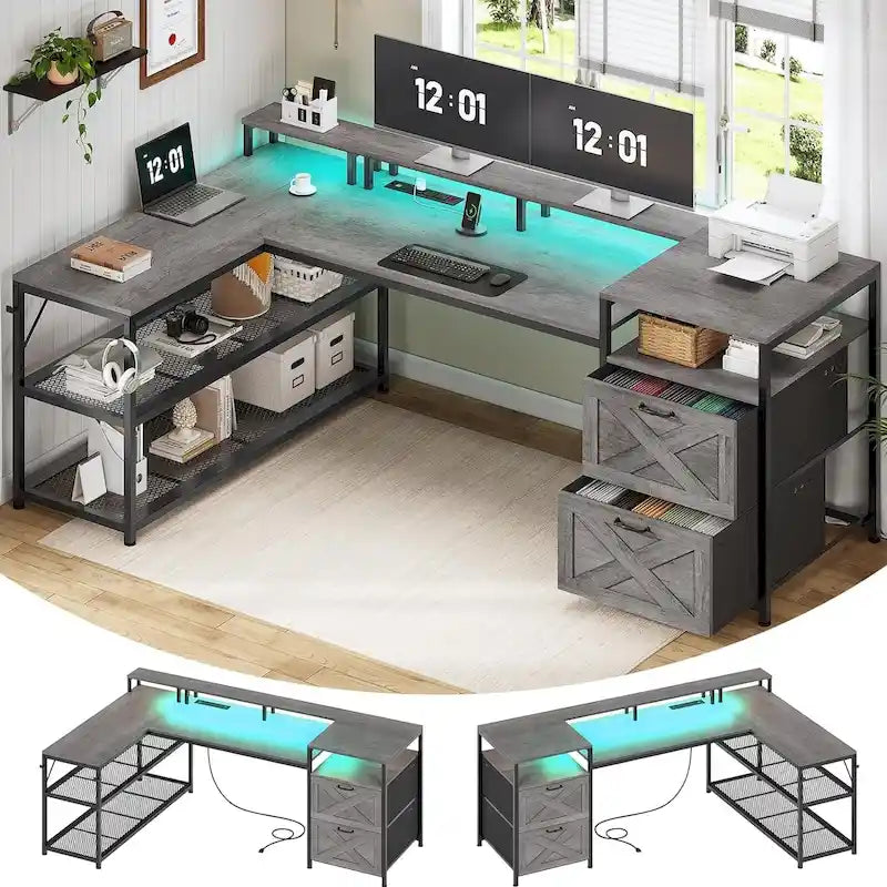 Bureau gaming 67 L avec étagères de rangement, prise électrique et 2 tiroirs
