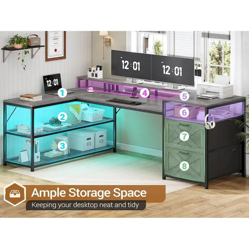 Bureau gaming 67 L avec étagères de rangement, prise électrique et 2 tiroirs