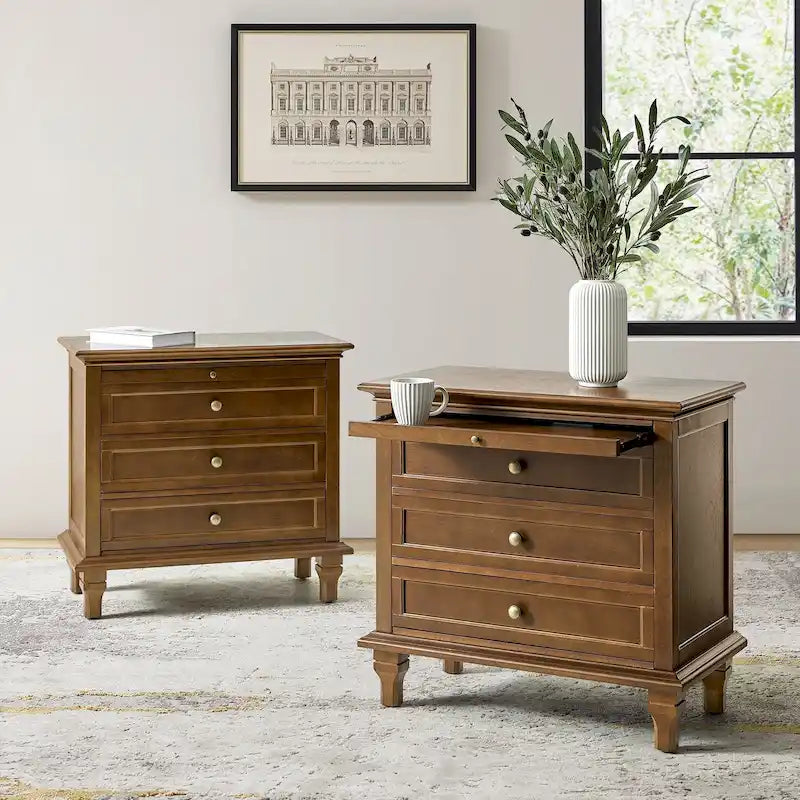 Ensemble de 2 tables de chevet Muriel Farmhouse à 3 tiroirs avec prises intégrées par HULALA HOME